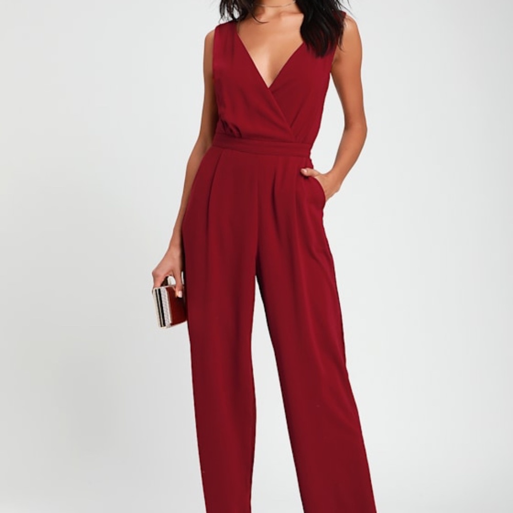 Lulus Kiska Burgundy Lace Wide-leg Jumpsuit Red - Size XXL
